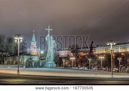 Monument of Vladimir. Moscow Kremlin in winter night. Russia