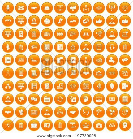 100 discussion icons set in orange circle isolated vector illustration