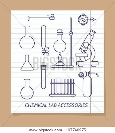Chemical lab accessories line icons on notebook page, vector illustration