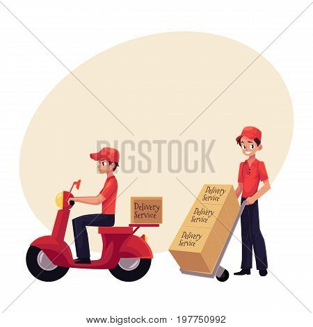 Courier, delivery service worker riding scooter, pushing dolly, hand cart with boxes, cartoon vector illustration with space for text. Full length portrait of young delivery service man