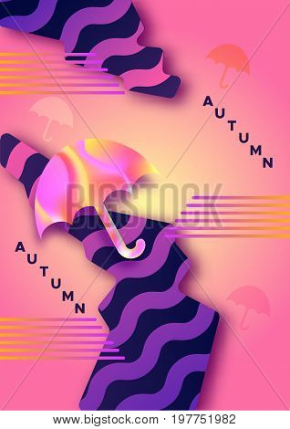 Autumn abstract  hipster color composition in trendy 90s style with umbrella, geometric shapes, fluid and liguid texture, futuristic bright background, template for banner, poster, vector illustration