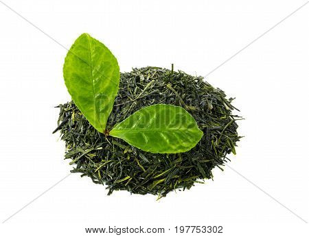 Heap of green sencha tea with tea leaves isolated on white background