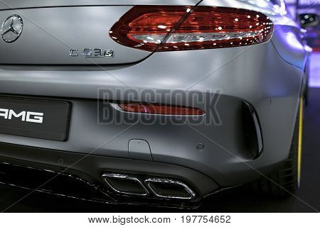 Sankt-Petersburg Russia July 21 2017: Back view of a Mercedes Benz C 63s AMG coupe 2017. Exhaust system. Car exterior details. Photo Taken on Royal Auto Show July 21