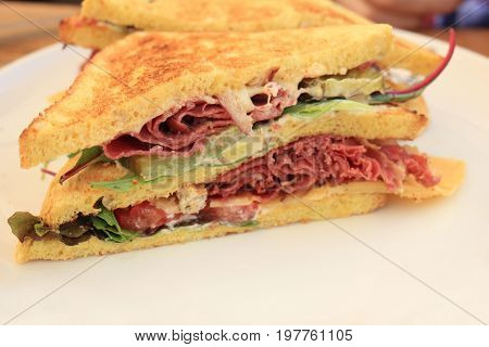 A fresh pastrami sandwich: charcuterie lettuce pickles and mayonaisse