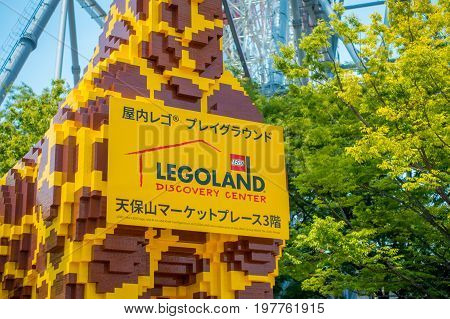 OSAKA, JAPAN - JULY 18, 2017: Beautiful giraffe made with legos at Tempozan Ferris Wheel in Osaka, Japan. It is located in Tempozan Harbor Village, next to Osaka Aquarium Kaiyukan.
