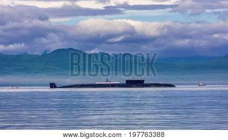 Atomic submarine On the parade in Kamchatka