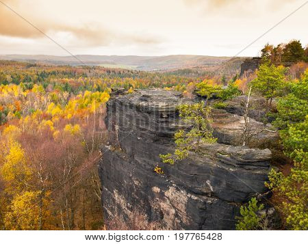 Sandstone rock formation in the middle of colorful autumn forest. Dramatic evening view. Tisa Rocks, aka Tiske Walls, Czech-Saxon Switzerland, Czech Republic