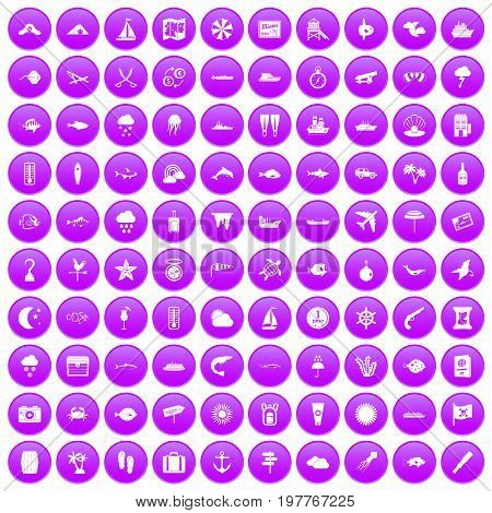 100 marine environment icons set in purple circle isolated on white vector illustration