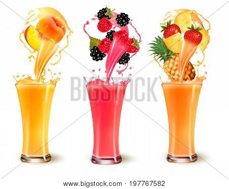 Set of fruit juice splash in a glass. Strawberry peach rasberry pineapple and blackberry. Vector