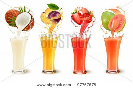 Set of fruit juice splash in a glass. Coconut plum strawberry and guava. Vector