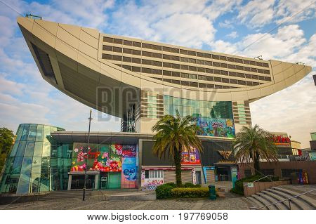 HONG KONG, CHINA - JANUARY 22, 2017: View of the Peak Tower in Hong Kong a top Victoria Peak. At 428 meters above sea level, this iconic landmark features the highest viewing platform in Hong Kong.