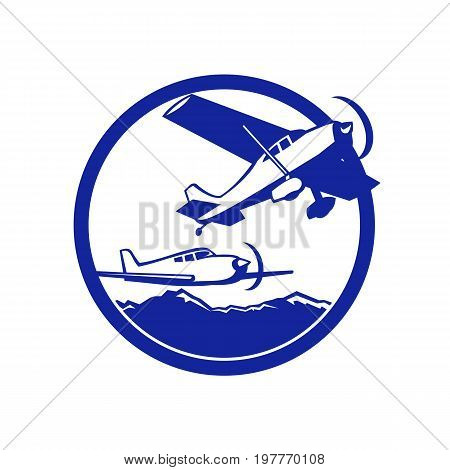 Illustration of two Fixed Wing Light Plane airplane in full Flight flying over mountains set inside Circle done in Retro style.