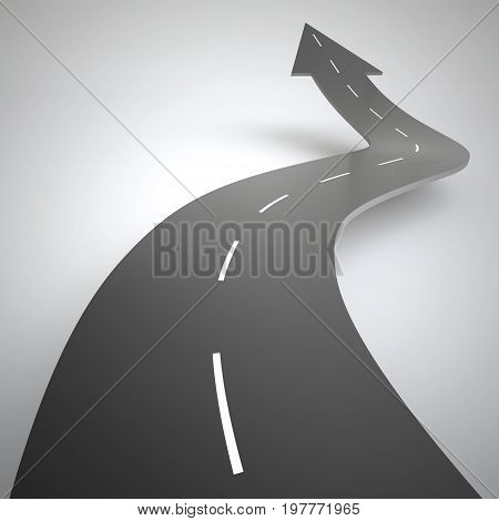 Arrow shaped and winding road rises upwards on white background to reach the targets. 3D Rendering