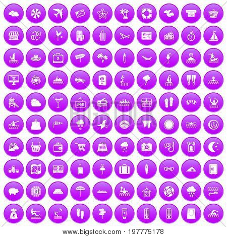 100 seaside resort icons set in purple circle isolated on white vector illustration