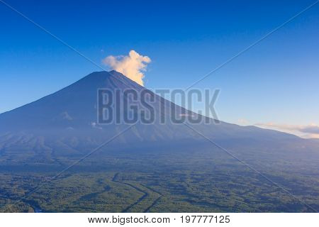 Mountain Fuji (Fujisan) in blue sky of summer time. Taken from Kawaguchiko lake