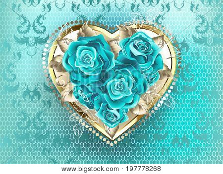 Jeweled heart of white gold decorated with turquoise roses on a turquoise lace background. Blue tiffany.