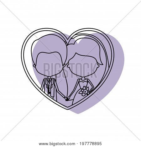 silhouette heart shape lilac shadow with contour faceless newly married couple inside of newly married couple groom with formal wear and bride with long hairstyle and holdings hands vector illustration