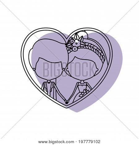 silhouette heart shape lilac shadow with contour faceless newly married couple inside of newly married couple young groom with formal wear and bride with collected hairstyle and holdings hands vector illustration