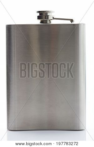 One metal flask isolated on white background. Stainless flask closeup
