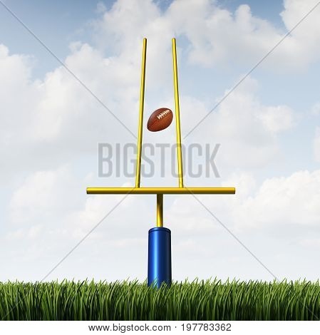 Market success challenge and sport game match fixing concept as a football scoring through an unfair tight restrained goal post as a business or life metaphor for overcoming obstacles and unfairness with 3D illustration elements.