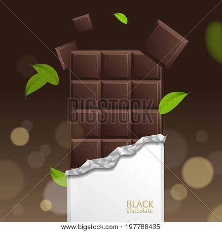 Chocolate Package Bar Blank - Dark, Pieces on Brown background and Mint Feaf. Vector 3d illustration with Open Paper Pack.