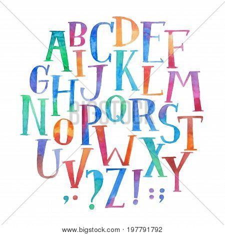 Colorful watercolor aquarelle font type handwritten hand draw abc alphabet letters.