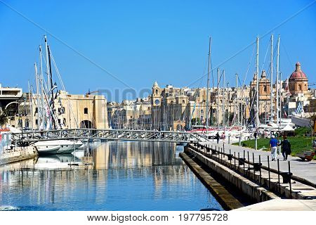 VITTORIOSA, MALTA - MARCH 31, 2017 - View of Vittoriosa marina and waterfront with Senglea to the left hand side Vittoriosa (Birgu) Malta Europe, March 31, 2017.