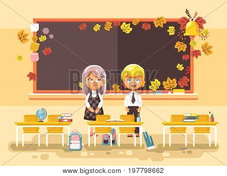 Stock vector illustration back to school cartoon two characters schoolboy and schoolgirl standing alone in empty classroom at staple with textbooks pupils near blackboard flat style autumn background.