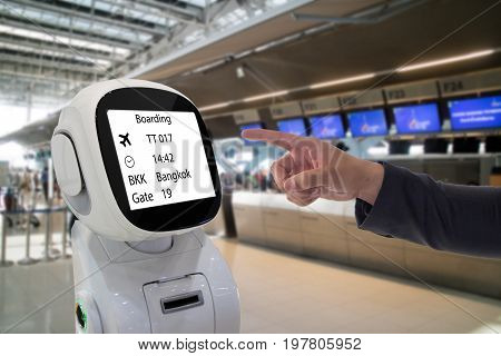 robotic advisor technology conceptairport use robotic advisor for help passenger and give information about the flight boarding pass time and direction to the gate with augmented reality