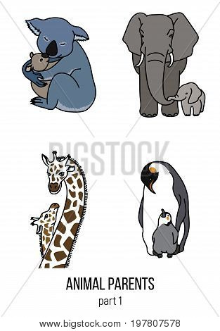 Cute animals, part 1, parent and kid penguins, elephants, giraffes and koalas vector illustrations