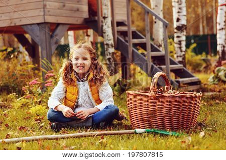 happy child girl playing little gardener in autumn and picking leaves into basket. Seasonal garden work. Backyard cleaning.