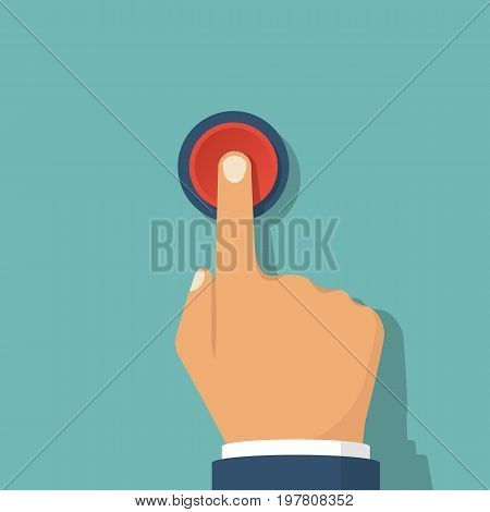 Hand pressing red button. Push finger. Vector illustration flat design. Click button isolated on background. Beginning  action, concept.