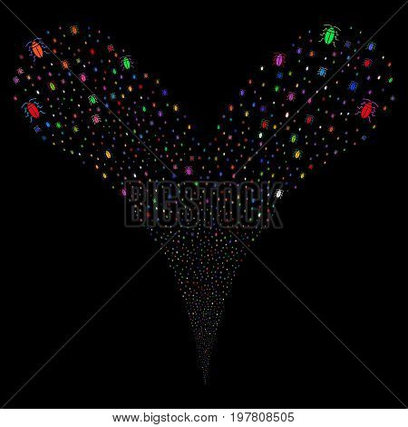 Cucaracha source stream. Vector illustration style is flat bright multicolored iconic cucaracha symbols on a black background. Object fountain constructed from random icons.