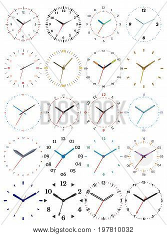 Set of twenty mechanical clocks. Clock face on white background.