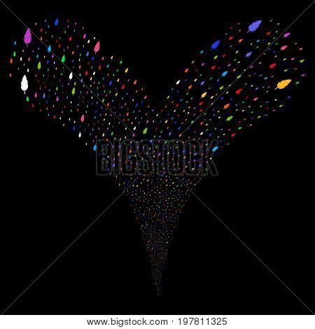 Feather fireworks stream. Vector illustration style is flat bright multicolored iconic feather symbols on a black background. Object fountain organized from random pictograms.