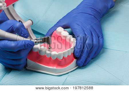 dental and endodontic instruments on the napkin. Top view