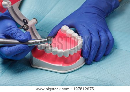 dental and endodontic instruments on the napkin. Top view