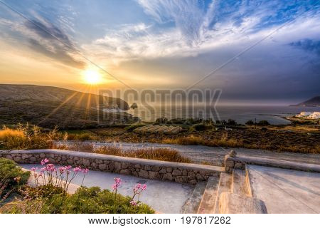 Sunset at Apollonia ('Polonia') village in Milos Greece