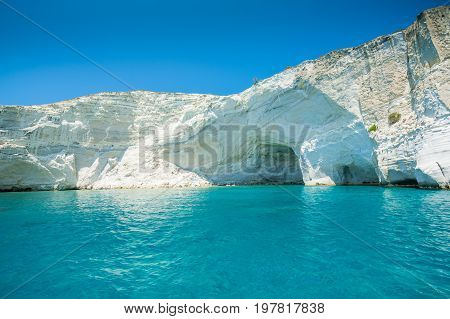 Rock Formations And Sea Caves At Kleftiko Shoreline In Milos, Greece