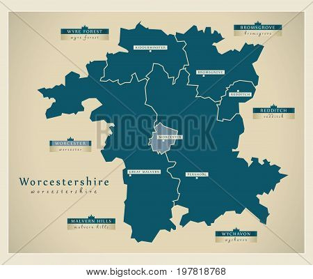 Modern Map - Worcestershire County With District Labels England Uk Illustration