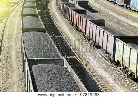 rail cars loaded with coal, a train transports coal.