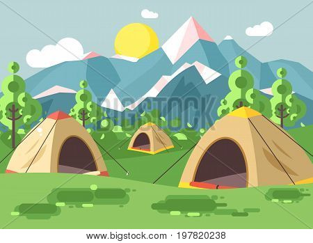 Stock vector illustration cartoon nature national park landscape with three tents camping hiking rules of survival bushes, lawn, trees, daytime sunny day, outdoor background of mountains in flat style