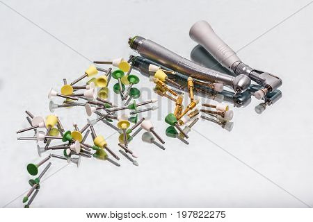 dental and endodontic instruments on the mirror. Top view