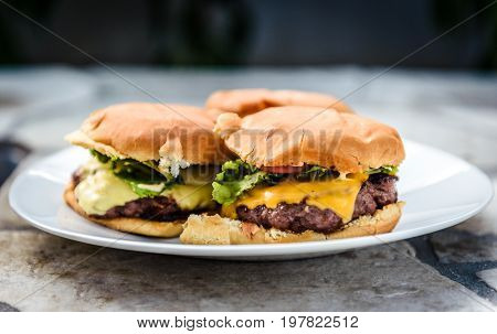 Home Made Burgers On A Plate On Stone Paved Terrace.