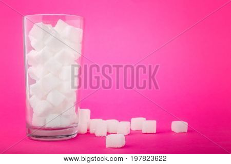 A glass of sugar crystals or cubes on a bright pink background. A few sugar cubes are near the full glass with white sugar. Intake of bad calories. Copy space.
