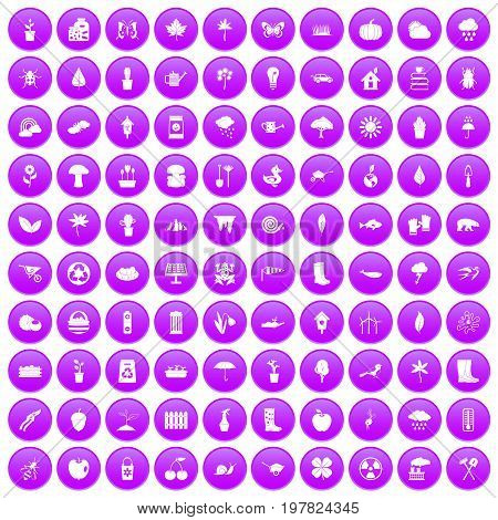 100 garden stuff icons set in purple circle isolated vector illustration