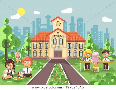 Stock vector illustration children characters schoolboy schoolgirl pupils apprentices classmates at schoolyard play chess, sit on grass dinner lunch, read book backdrop of school building flat style
