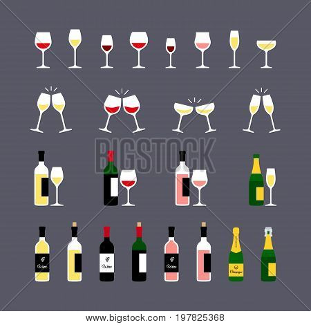 Wine glasses and bottles flat icons set. Vector illustration