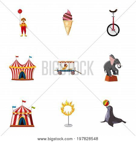 Traveling chapiteau circus icons set. Cartoon set of 9 traveling chapiteau circus vector icons for web isolated on white background
