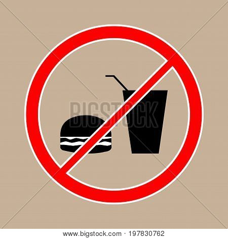 No food and drink icon. Silhouette hamburger in circle. Sign no meal on beige background. Label notice no do eating. Symbol forbidden fast food for posterbanner. Mark warning. Vector illustration.